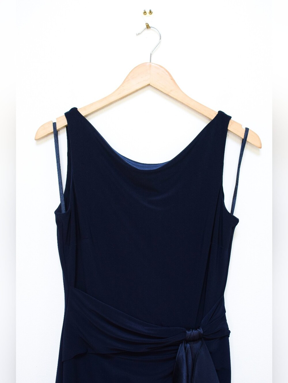 Lauren Ralph Lauren Navy Blue Ruched Evening Gown Ruffle Trim Side Slit Size 6 - Picture 4 of 14